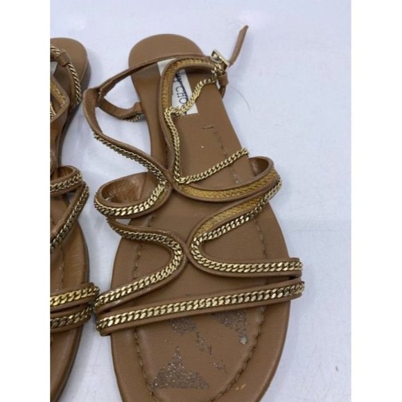 Jimmy Choo Brown Nickel Flat Tan Leather With Chain Sandals Size Eu - Picture 4 of 5